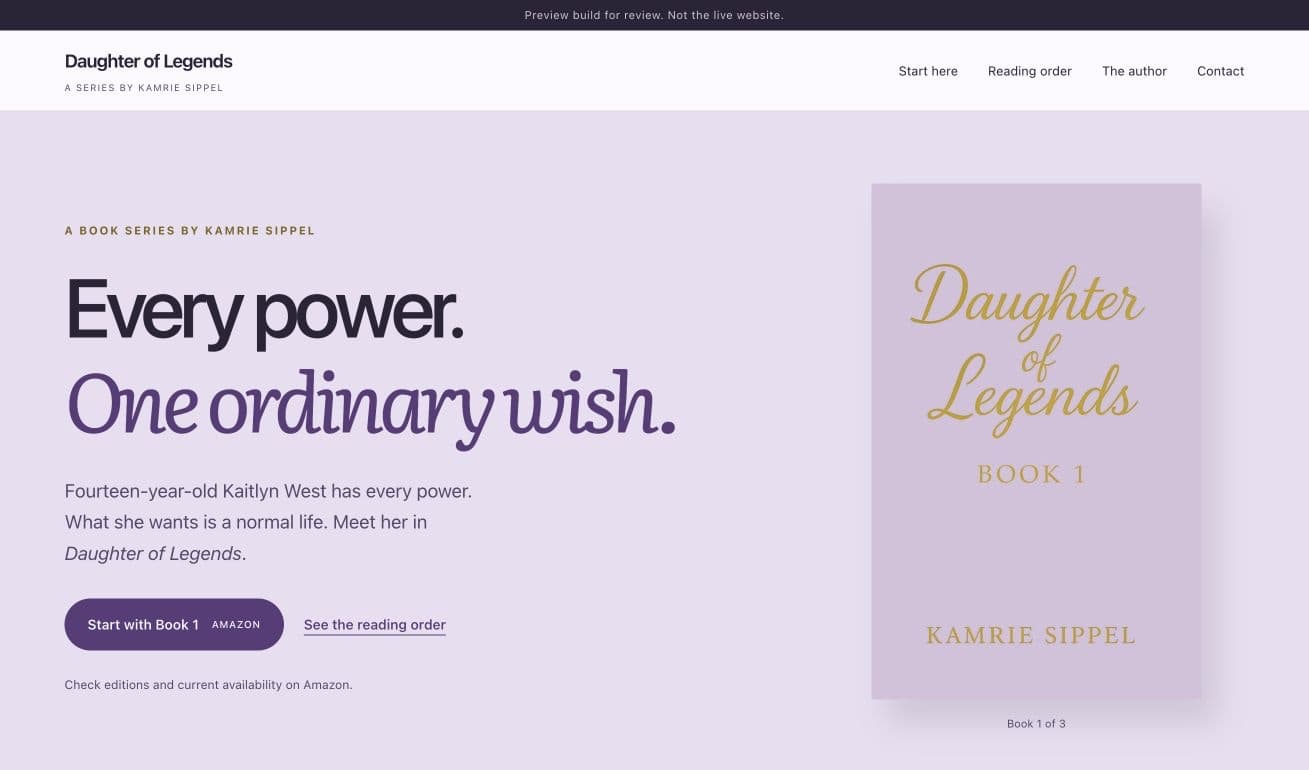Daughter of Legends series preview with its book cover and reading-order action; a banner identifies it as a preview