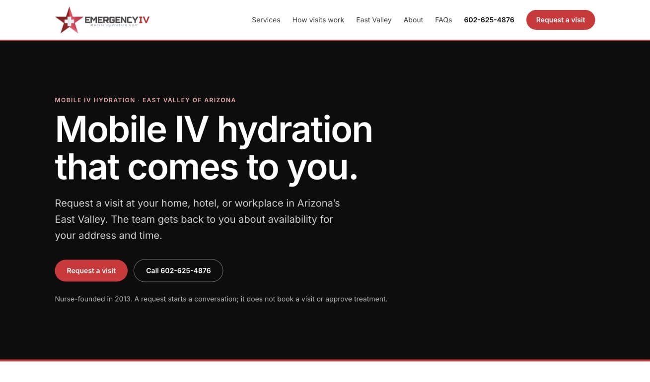 Emergency IV’s homepage, showing its mobile service, East Valley focus and call or request actions