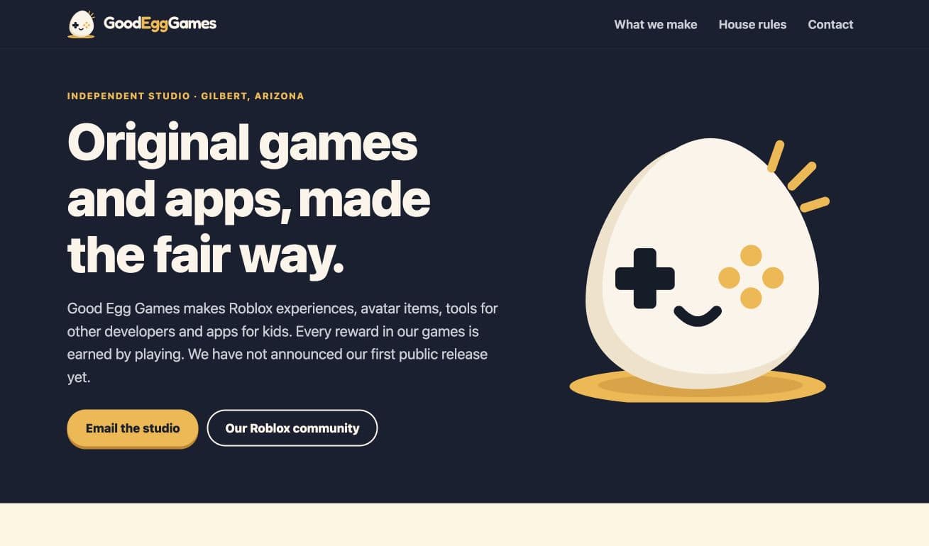 Good Egg Games’ homepage with its egg mascot, studio introduction and email contact action