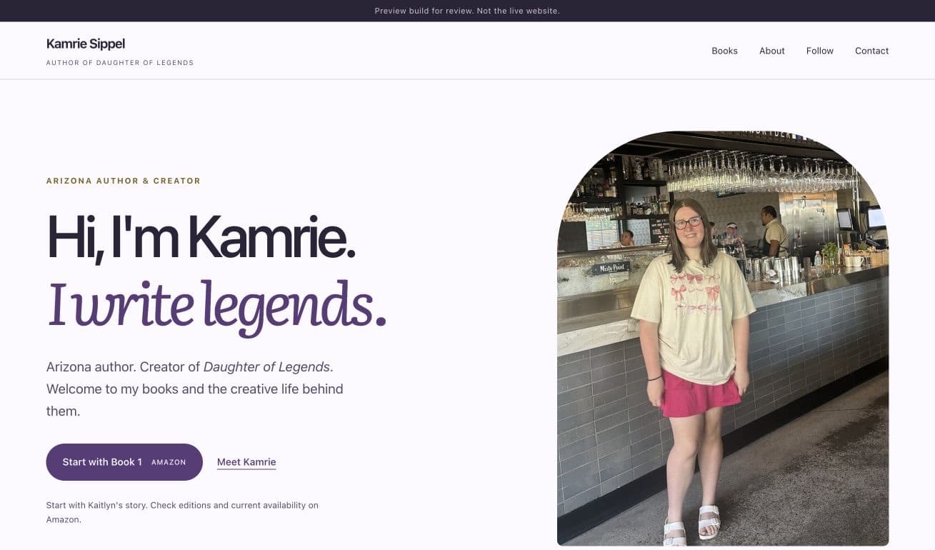 Kamrie Sippel’s author website preview with her portrait, lavender typography and book action; a banner identifies it as a preview