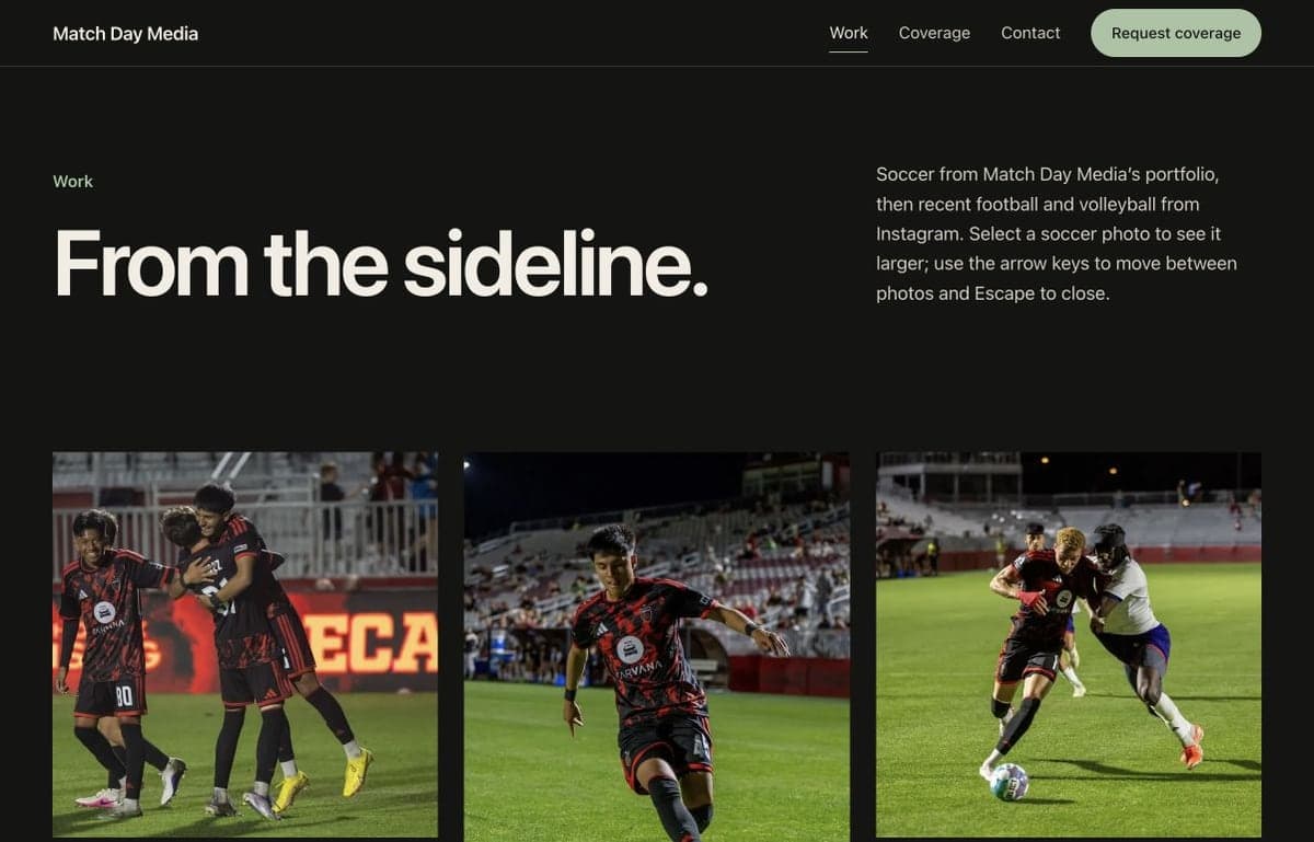 Match Day Media’s live photography portfolio with its dark layout and soccer imagery