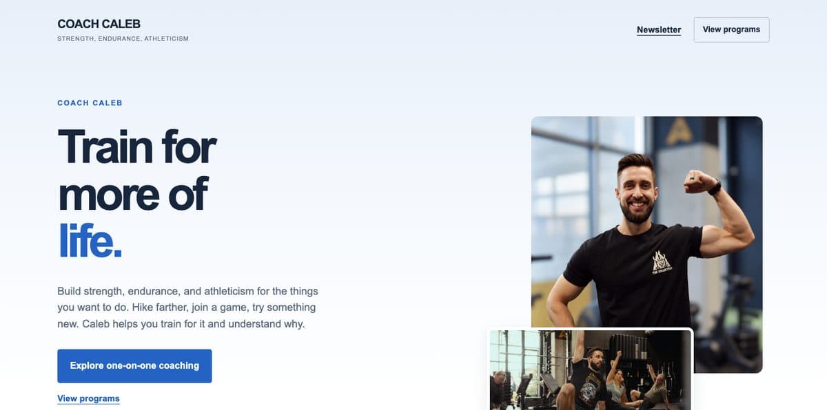 Train with Caleb’s live coaching homepage with his portrait, programs and discovery-call action